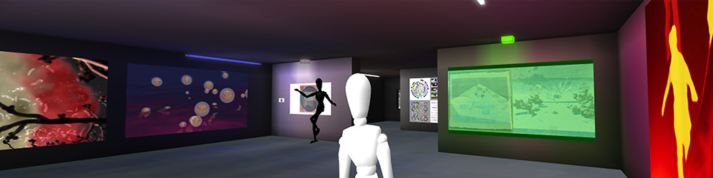 Artworks and avatars inside the CAS Online Gallery in Voxels