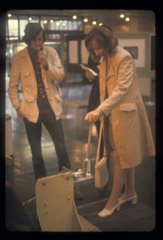 Sarah Mallen interacts with Edward Ihnatowicz's The Bandit at CAS exhibition Interact, Edinburgh, 1973
